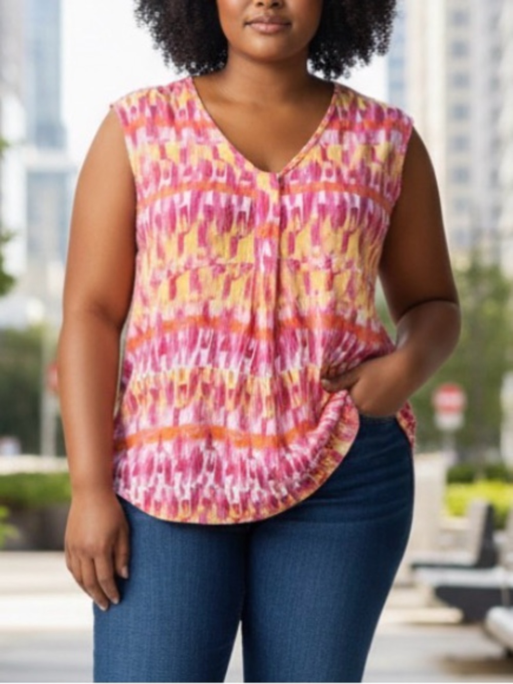 NWOT Liz V-Neck Sleeveless Top. Bold Pink, Orange Pattern is a Flattering Look